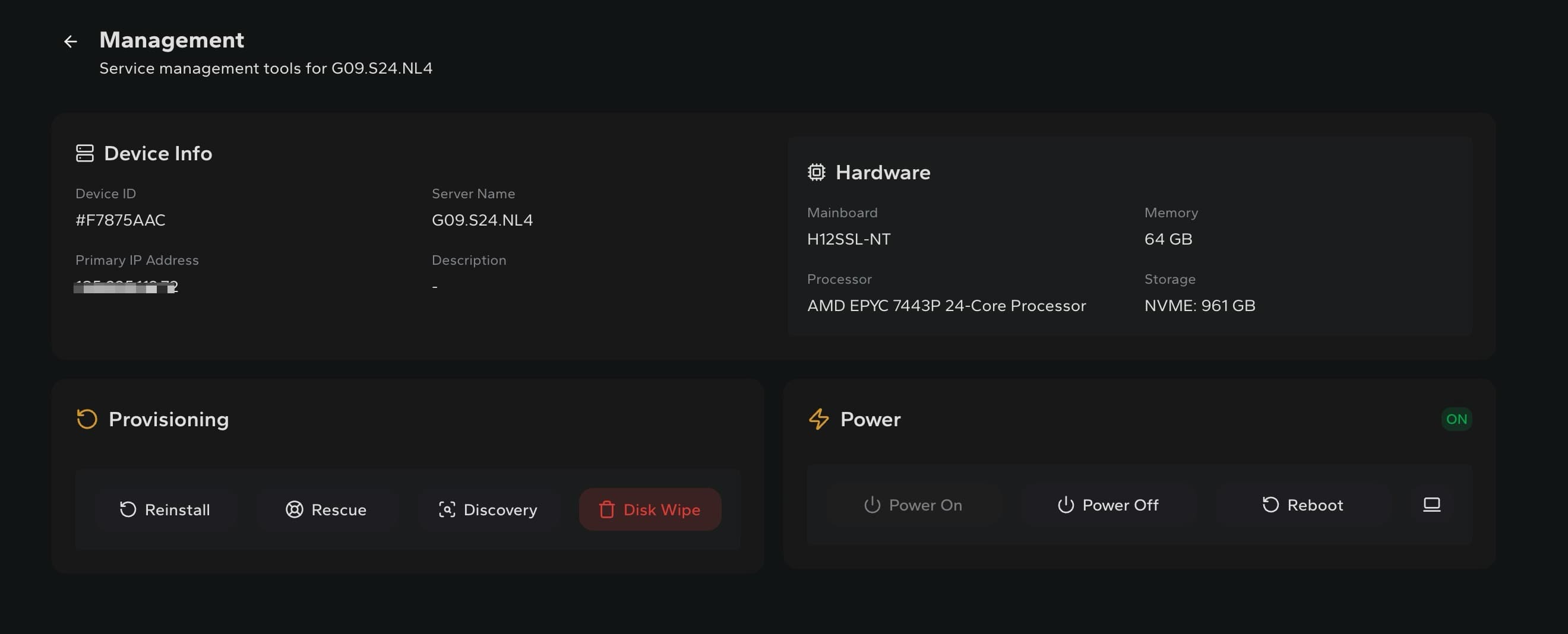Evoluso client area showing server hardware, reinstall and rescue tools, power controls and remote console access